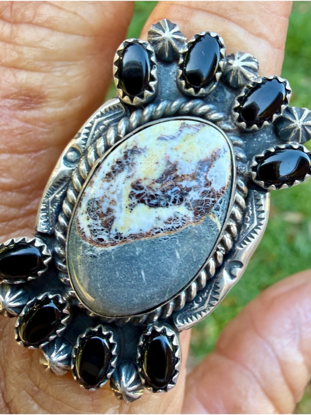 Genuine Turquoise/black onyx & sterling silver, artist stamped ring, adjustable
